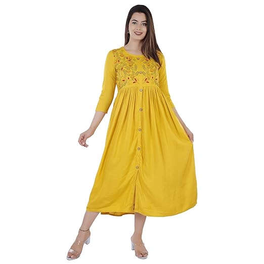 DMP FASHION Women' s Rayon Classy Embroidery Work Flared Kurta
