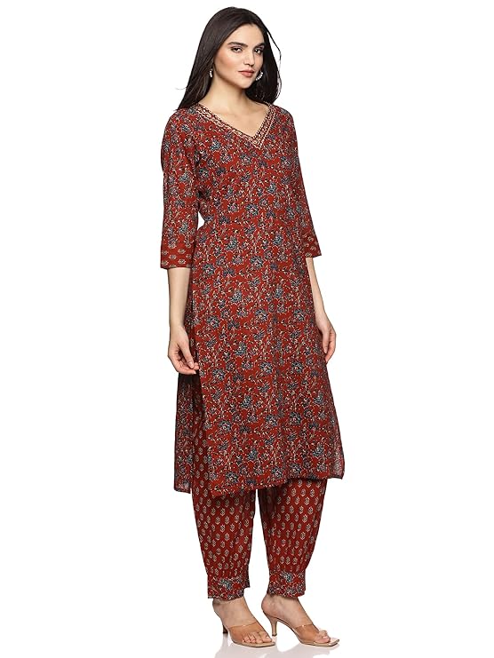 RAJMANDIRFABRICS Women's Cotton Hand Work & Floral Printed Straight Kurta Set
