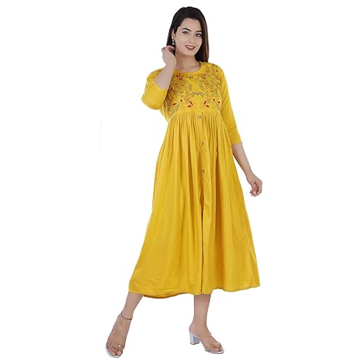 DMP FASHION Women' s Rayon Classy Embroidery Work Flared Kurta