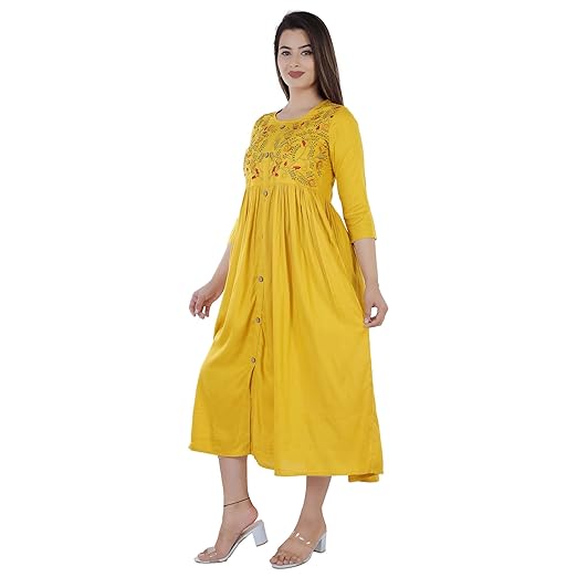 DMP FASHION Women' s Rayon Classy Embroidery Work Flared Kurta