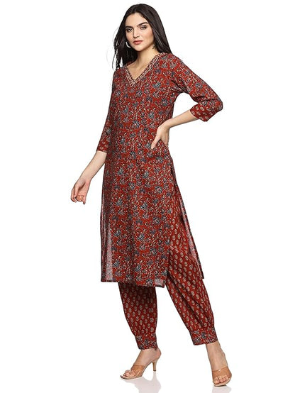 RAJMANDIRFABRICS Women's Cotton Hand Work & Floral Printed Straight Kurta Set
