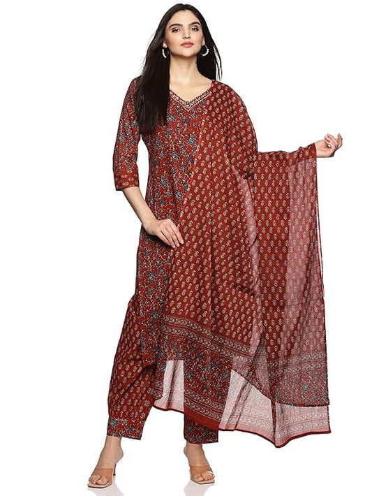 RAJMANDIRFABRICS Women's Cotton Hand Work & Floral Printed Straight Kurta Set