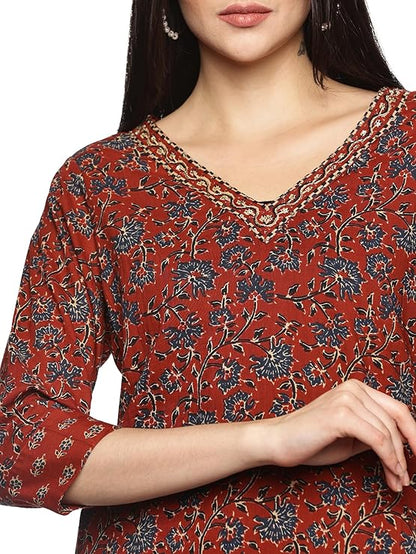 RAJMANDIRFABRICS Women's Cotton Hand Work & Floral Printed Straight Kurta Set